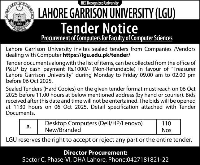 Lahore Garrison University Tender Notice
